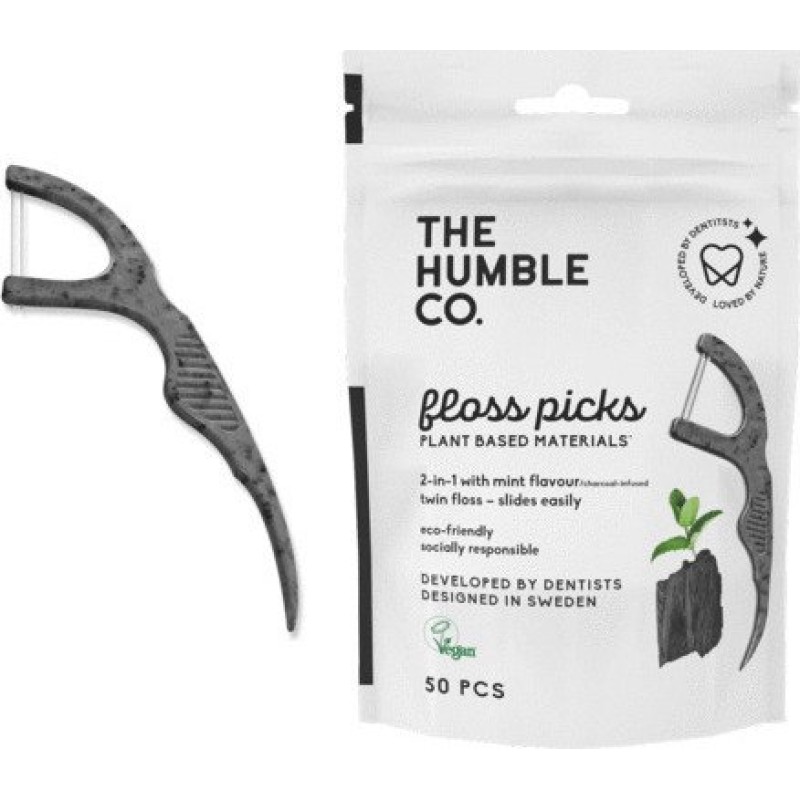 The Humble Co. Floss Picks with Charcoal Οδοντικό Νήμα με Γεύση Μέντα και Λαβή σε Μαύρο χρώμα 50τμχ 